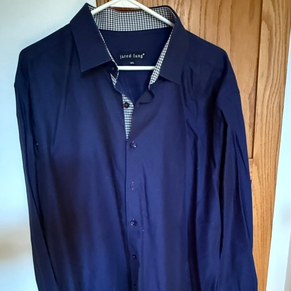 Jared Lang Men's Navy Dress Shirt with Contrast Trim